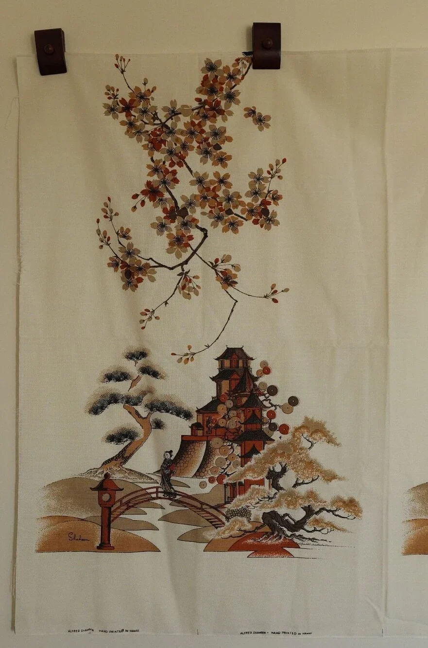 RARE Vintage Alfred Shaheen Hand-Printed Fabric Linen 1.5 Yards Japanese Motif